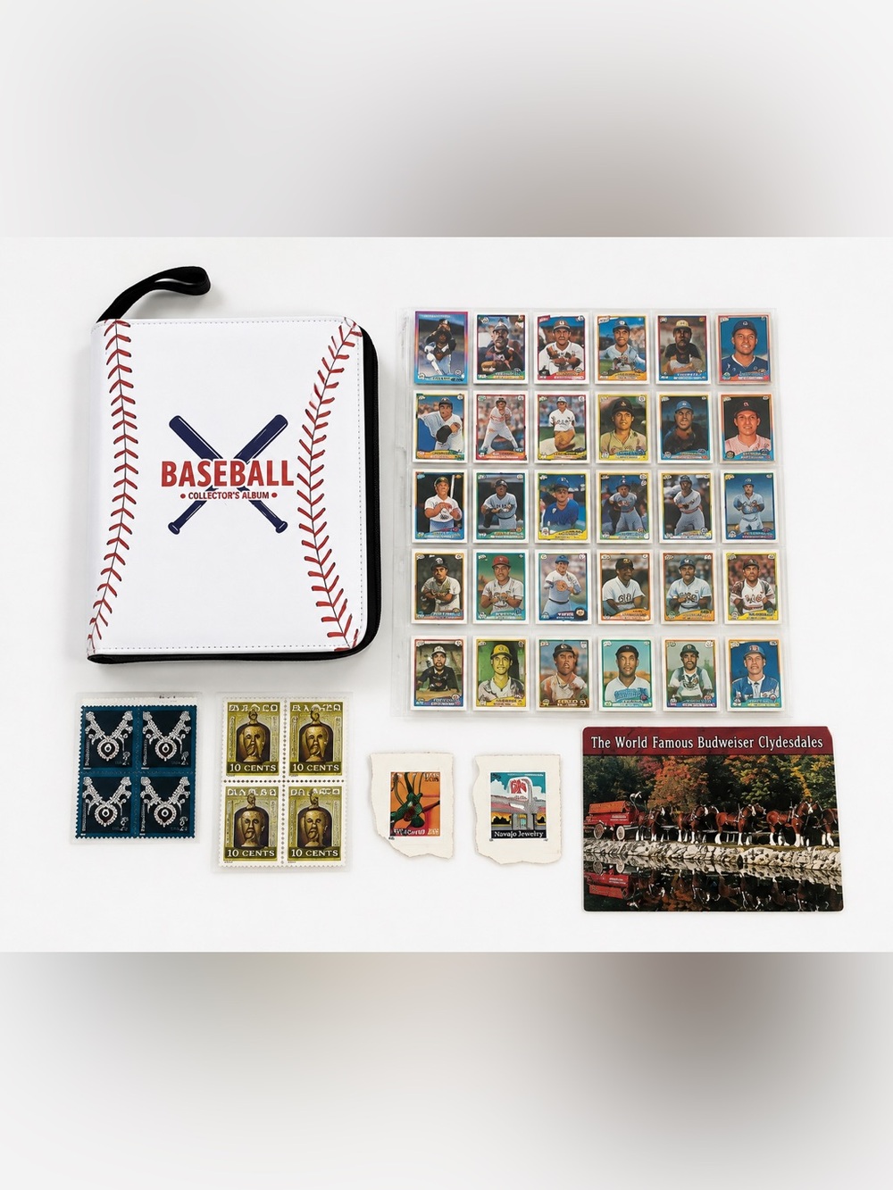 Baseball Card Binder 55 Sleeves Album + 16 Cards + Stamps + Postcard